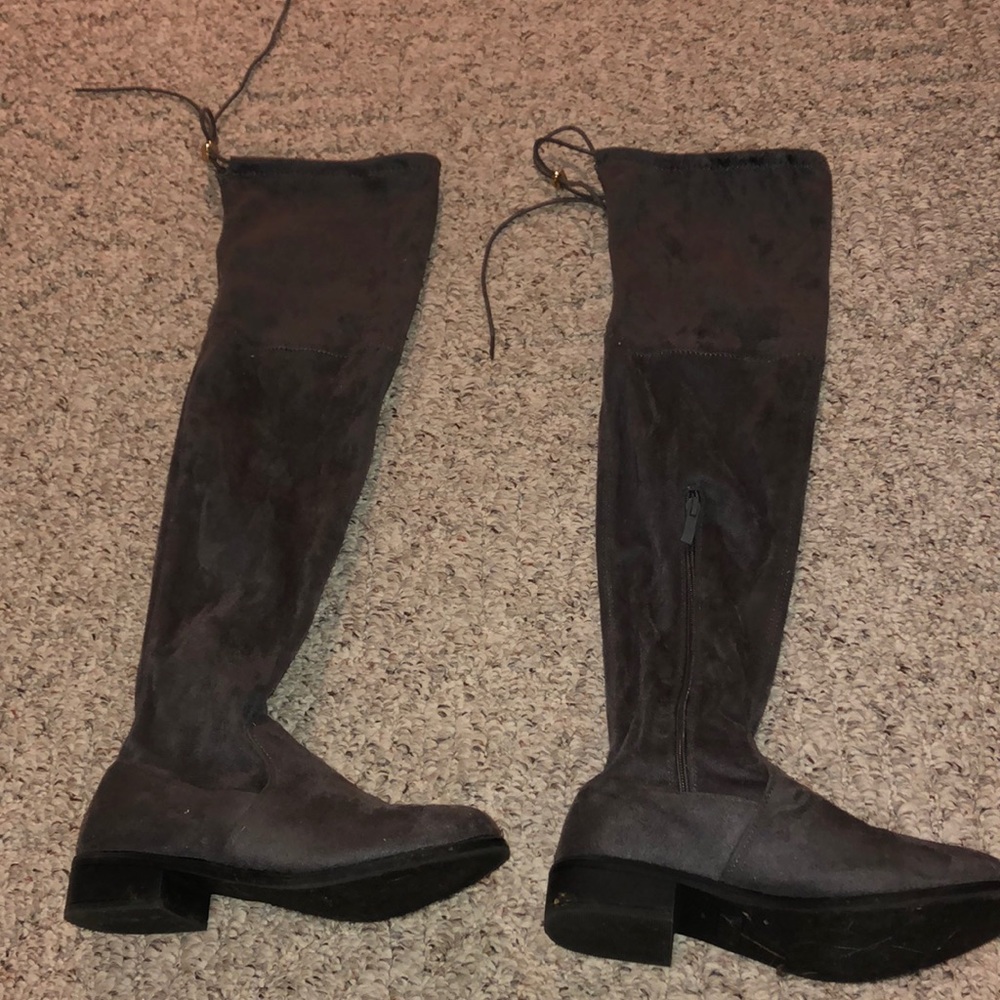 Gray knee high boots